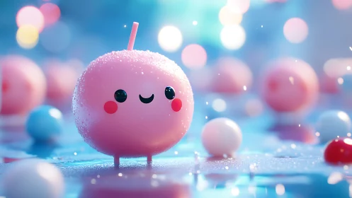 Smiling pink candy friend in a dreamy pastel wonderland.