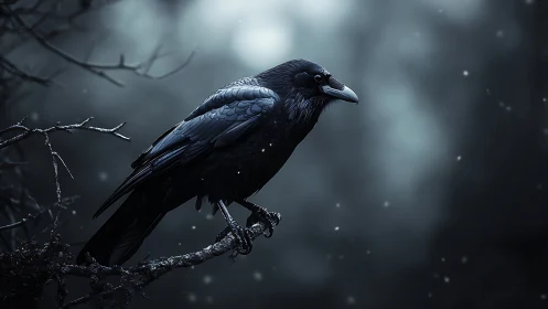 Black crow perched on frost-covered branch in falling snow