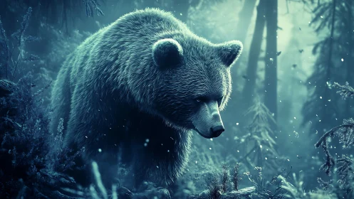 Luminous bear wandering through misty teal forest night.