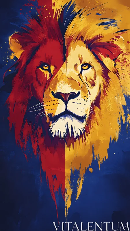 Dual-color lion portrait splits fire and sunlight