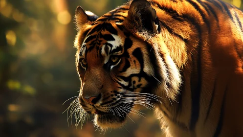 Focused tiger in warm forest light, side profile view.