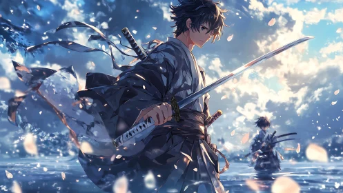 Two swordsmen standing in shallow reflective water at dusk.