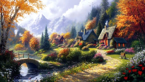Mountain village cottages occupy a landscaped autumn valley