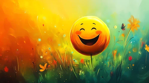 Sunlit smiley bloom laughing in a neon wildflower meadow.