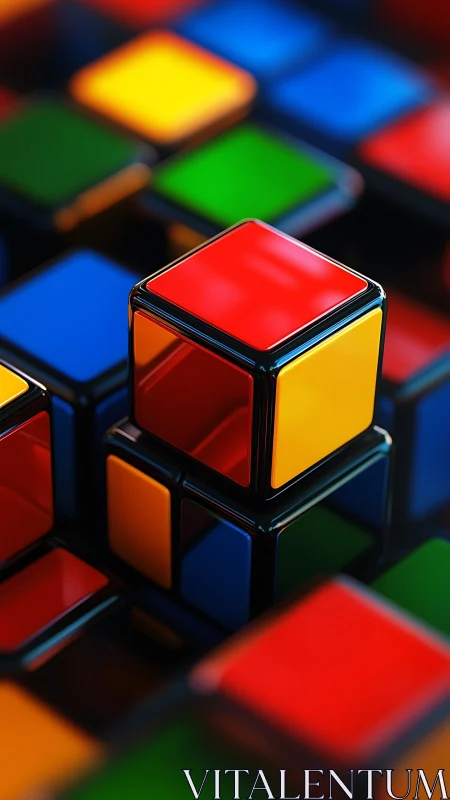 Glossy geometric cubes in bold primary color abstraction.