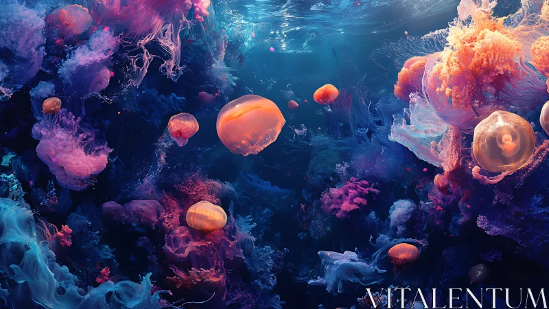 Luminous jellyfish drifting through neon cosmic waters.