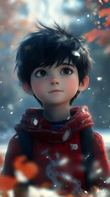 Young boy in red hoodie looking up in soft winter light.
