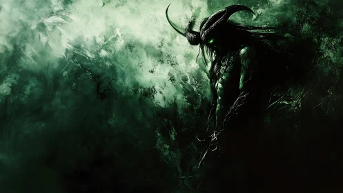 Horned shadow demon emerges through toxic emerald mist.