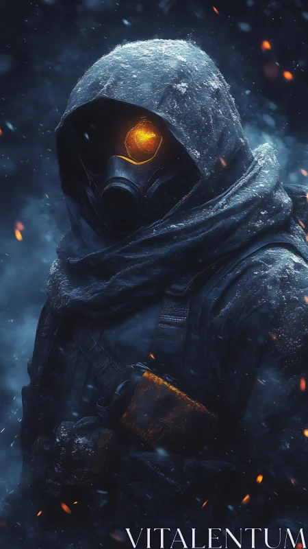 Hooded gas mask figure in snow with glowing visor eye.