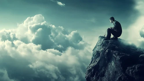 Solitary man on stormy summit above dramatic clouds.