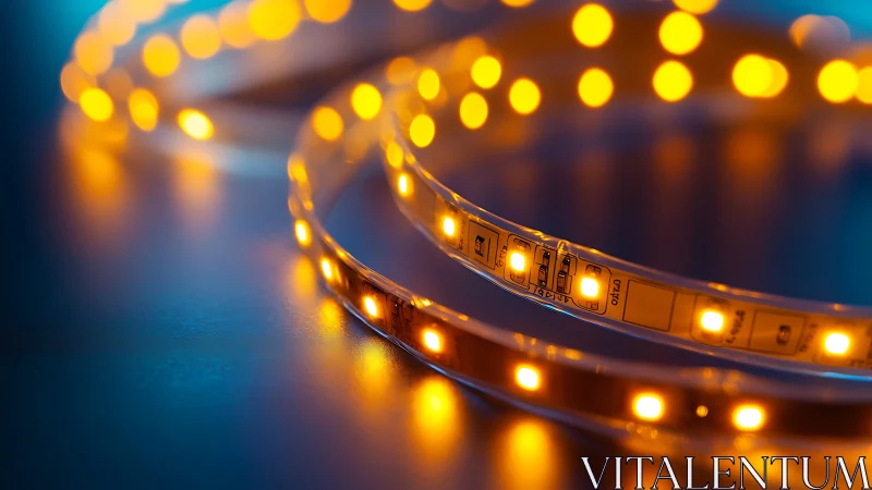 Macro analysis of flexible amber LED strip circuitry in bokeh glow.