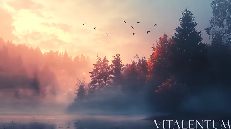 Soft dawn mist over quiet forest lake at autumn sunrise.