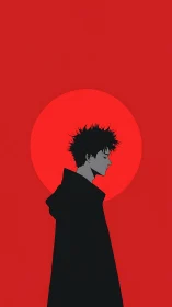 Quiet silhouette boy beneath a bold red rising sun.