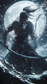 Samurai warrior rising from stormy water under full moon.