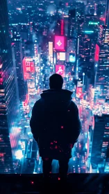 Figure observing neon city skyline from high rooftop at night.