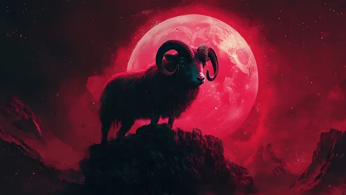 Horned mountain ram stands before glowing crimson moon