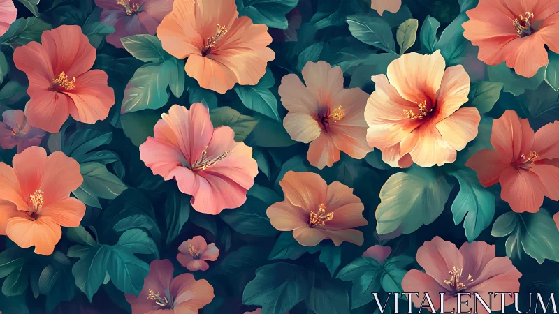 Rendered floral composition with layered hibiscus blooms and foliage