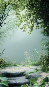 Stone path in dense green foliage under diffused daylight