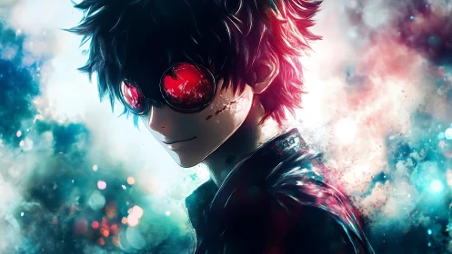 Chromatic vapor trail around red-lensed anime silhouette.