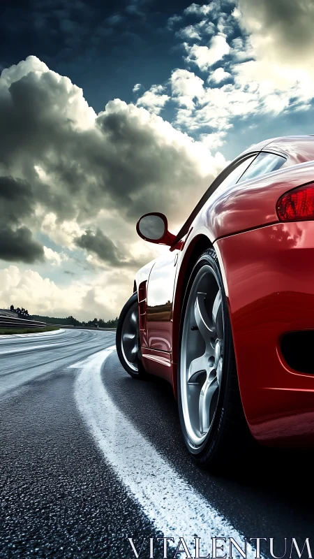 Red sports car tracks wet racing line under dramatic clouds