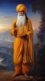 Regal elder guru in saffron robes under luminous dusk sky.