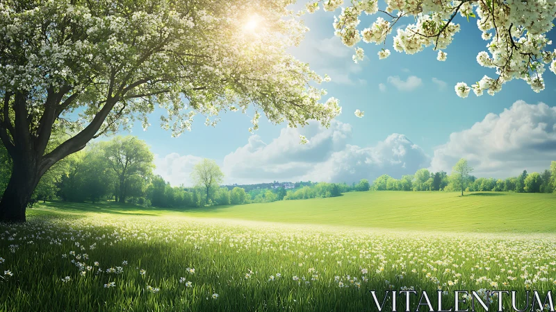 Sunlit spring meadow unfolds beneath blossoming trees.