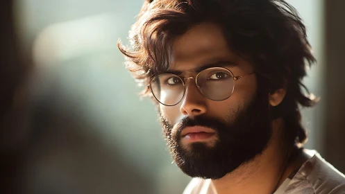 Bearded man in glasses under warm cinematic side light.