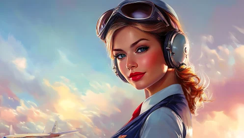 Retro aviation portrait of headset pilot against sunset sky