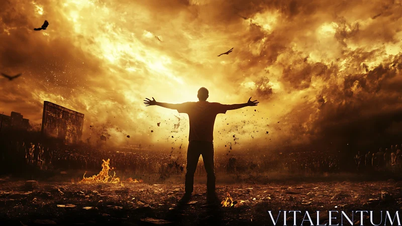 Silhouetted figure stands before intense fiery sky