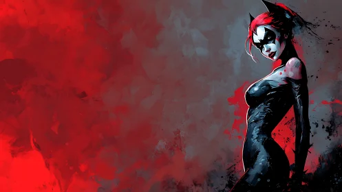 Chromatic femme antihero in red-black atmospheric wash.