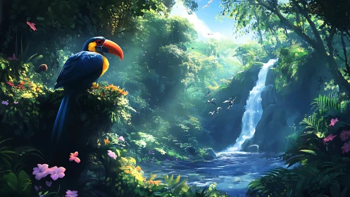Toucan overlooks luminous jungle waterfall at dawn.