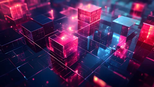Futuristic digital cubes in neon glowing grid, abstract cyber style.