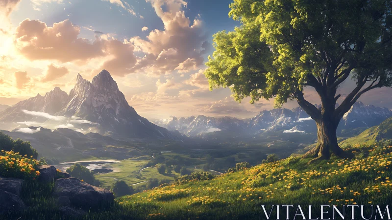 Luminous alpine valley with dominant tree and stratified peaks.