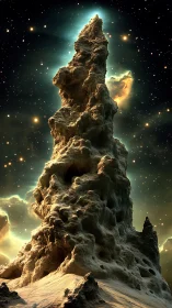 Eroded extraterrestrial spire under ionized nebular halo.