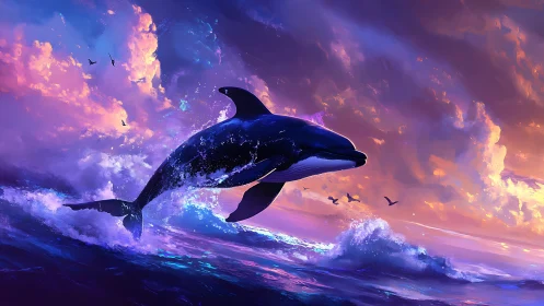 Killer whale breaches neon surf under radiant sunset sky.