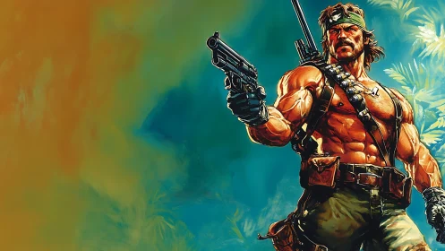 Jungle gunslinger flexes under blazing comic-book skies.