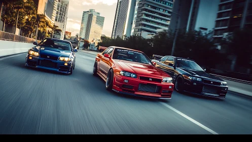 Triple skyline lineup racing through neon-tinged city streets.