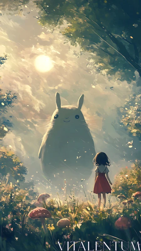 Backlit forest encounter depicts child and large creature in volumetric light