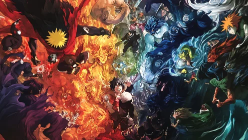 Elemental anime warriors collide in a radial chromatic vortex