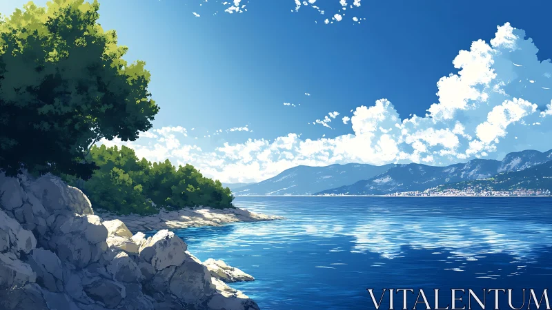 Coastal headland with trees, distant town and cloud formations.