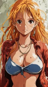 Confident anime heroine stands in sunlit, windswept street