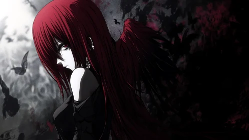 Shadowed red haired angel gazes softly into deep twilight