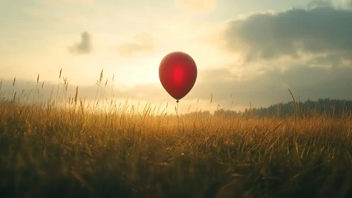 Red balloon anchors the golden field under diffuse sunset light