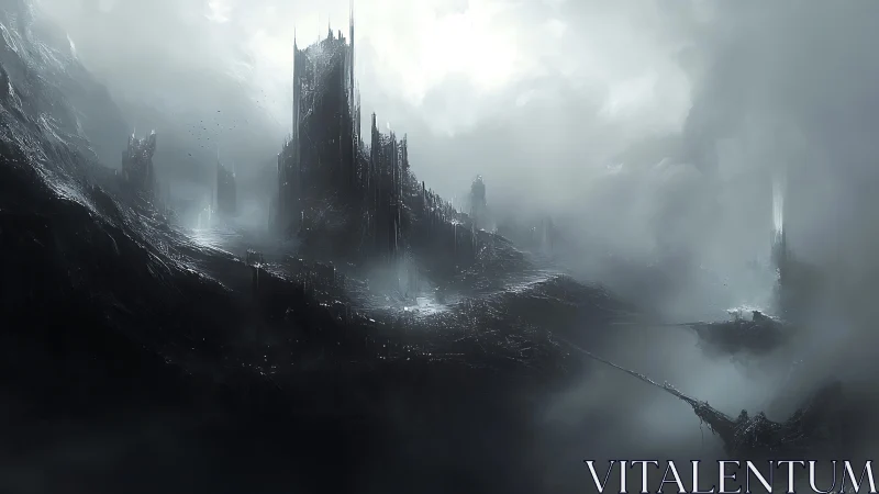 Monolithic dark citadel looms through fractured storm fog