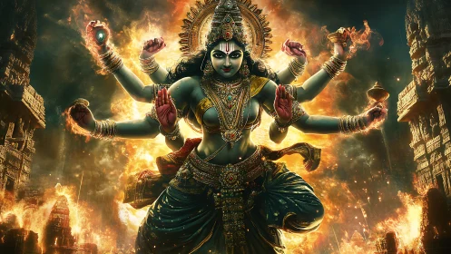 Radiant multi-armed goddess dancing in blazing temple fire.
