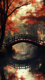 Wooden arch bridge over reflective stream in autumn forest.