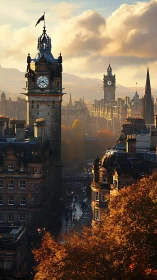 Telephoto view of autumn-lit clocktowers in historic cityscape