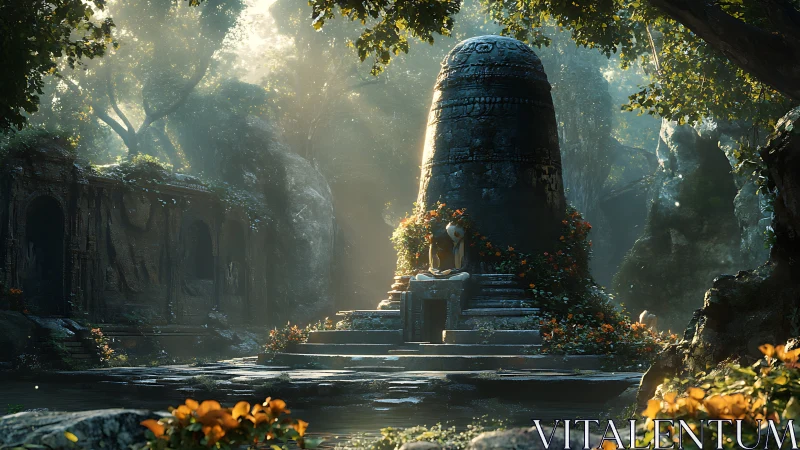 Sunlit jungle shrine with ancient stone monolith temple.
