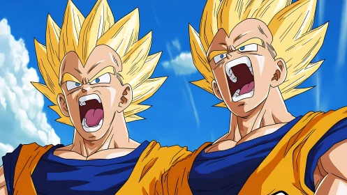 Golden haired anime warriors charge under blue sky.