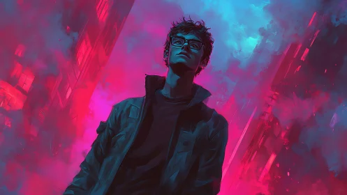 Confident city dreamer in neon pink and electric blue glow.